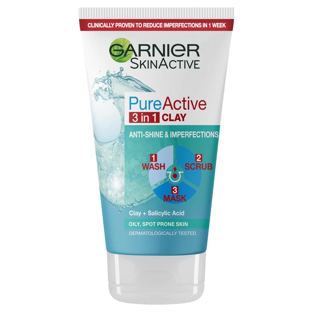 Garnier SkinActive Pure Active 3-in-1 Clay Wash, Scrub & Mask is a versatile skincare product -150ml