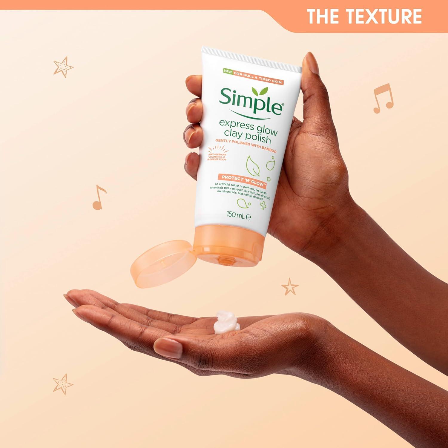 The Simple Protect ‘n’ Glow Express Glow Clay Polish is a 2‑in‑1 clay cleanser and exfoliator designed to instantly smooth, brighten, and revitalise dull skin-150 ml